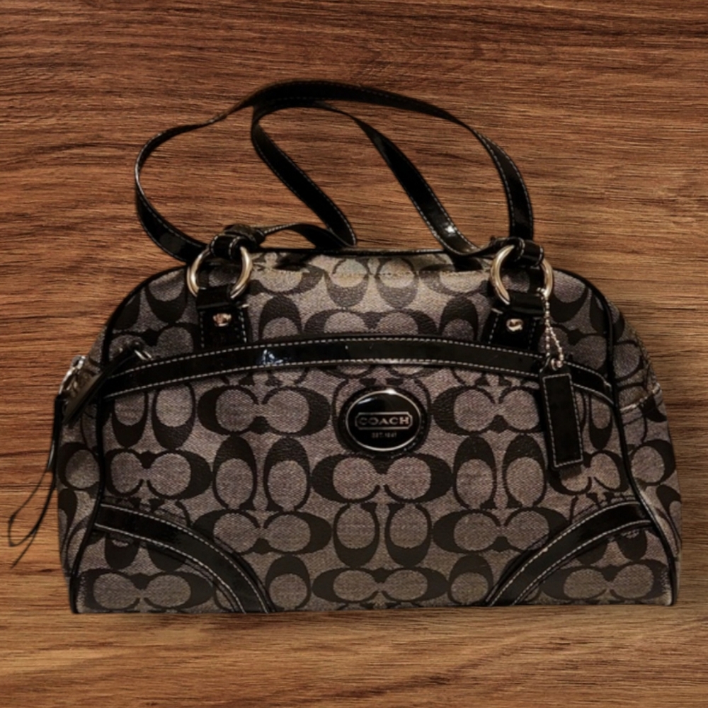 Coach Signature Black and Grey Leather Satchel Bag EUC
